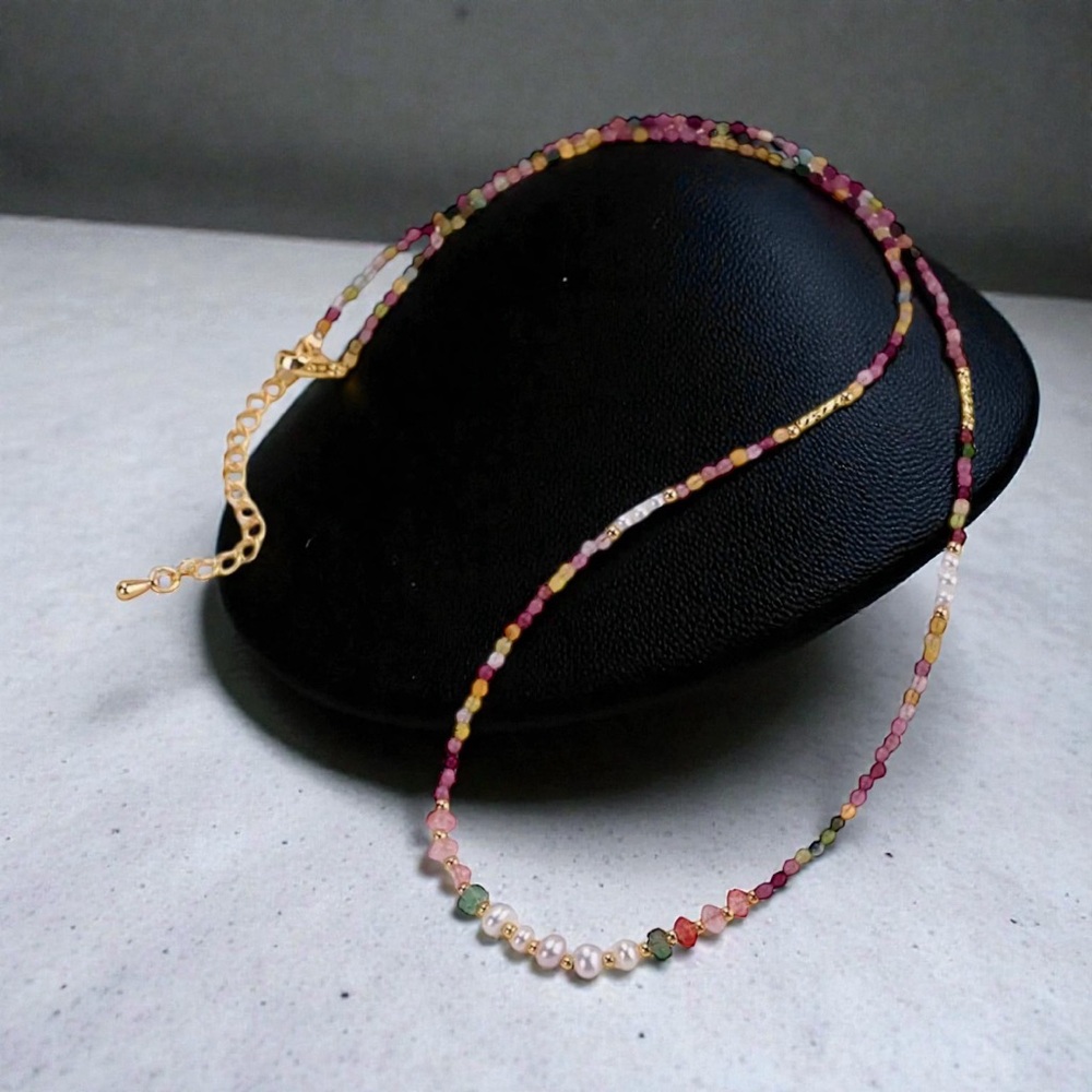 Multicolour Freshwater Pearl Watermelon Tourmaline Beaded Necklace. New.